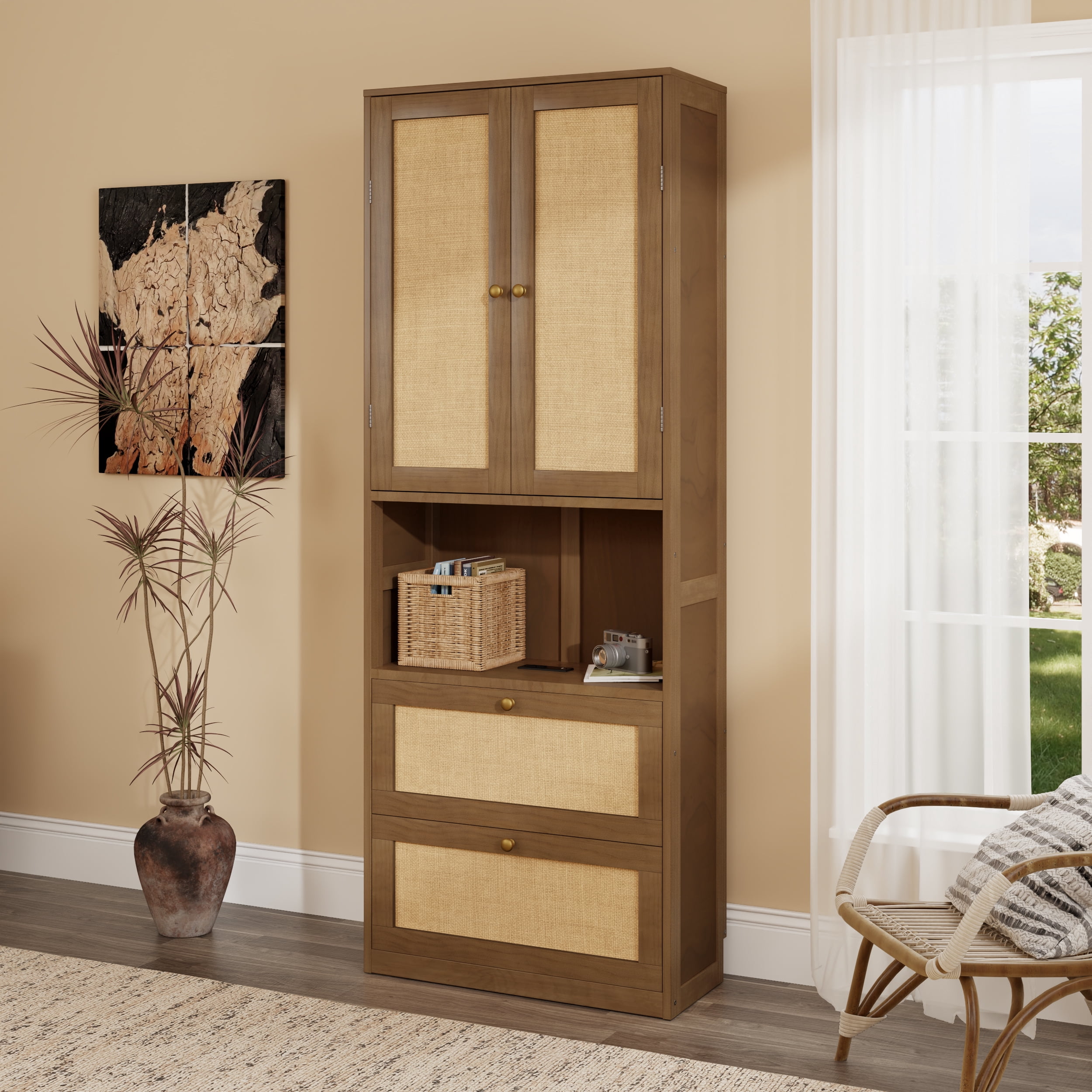 Euroco 2 Doors Bookshelf with USB Port and 3 Drawers Side Cabinet Storage Shelves, Walnut