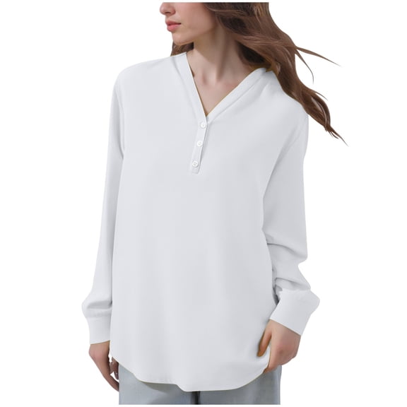 fheaev Long Sleeve Henley Shirts for Women Casual V-Neck Fall Loose Fit Tops Solid Color Oversized Basic Tees Business Casual Outfits