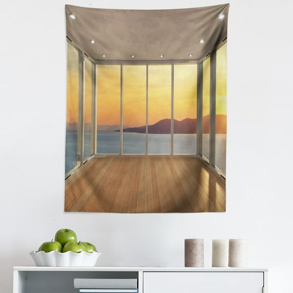 View Tapestry, Modern Design Empty House with Mountain Ocean Scenery, Fabric Wall Hanging Decor for Bedroom Living Room Dorm, 5 Sizes, Pale Brown Marigold, by Ambesonne