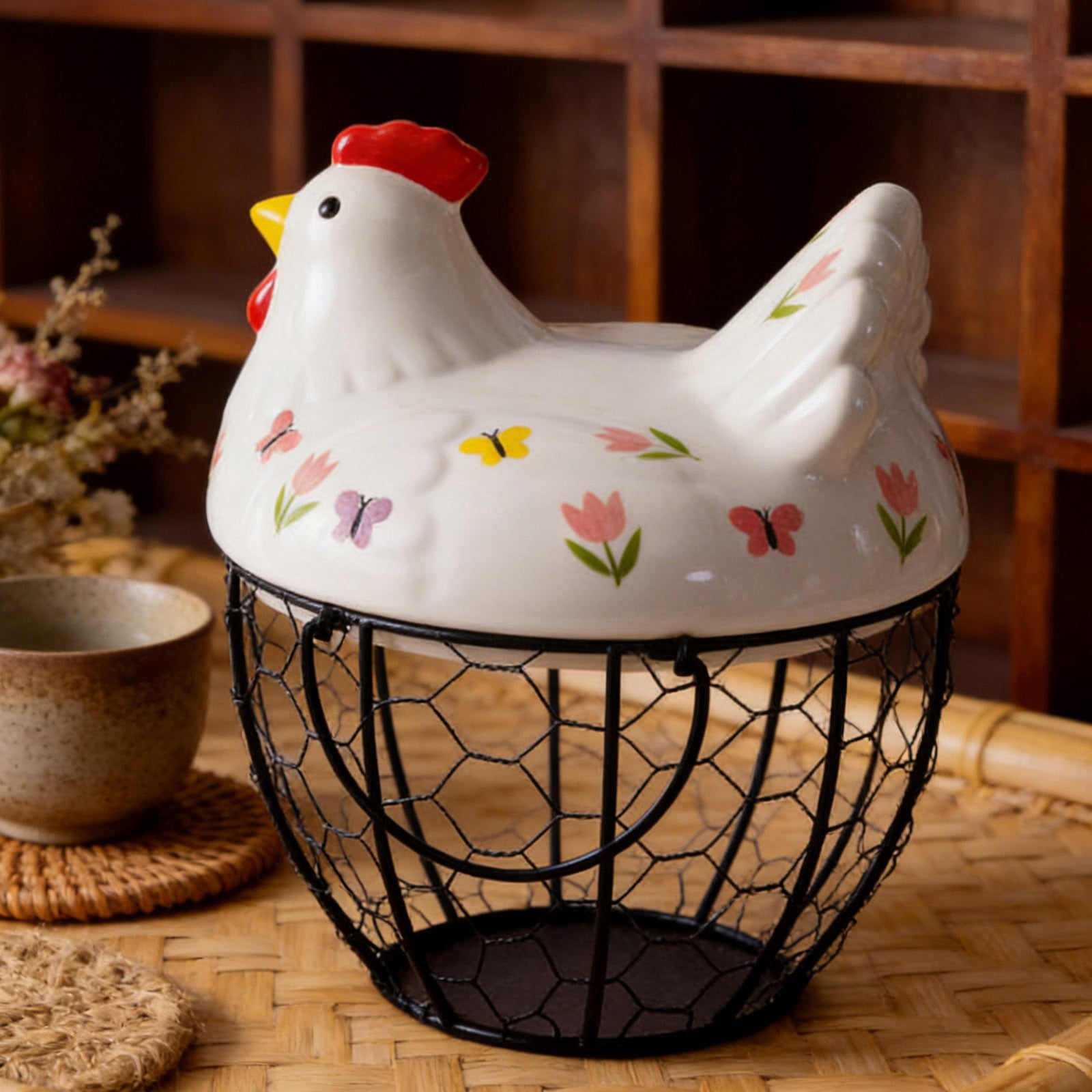 Farmhouse Egg Basket with Ceramic Lid, Black Wire Egg Holder for Fresh Eggs, Decorative Chicken Design Egg Storage Container, Kitchen Countertop Organizer Case for Eggs