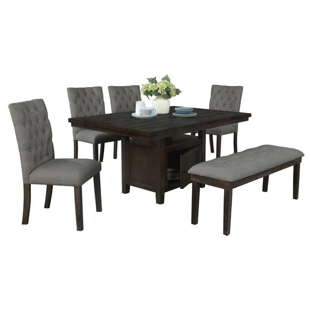 Ensemble de Salle à Manger Rustique en Bois de Chêne Foncé 6pc avec Table + Chaises en Lin Gris + Banc