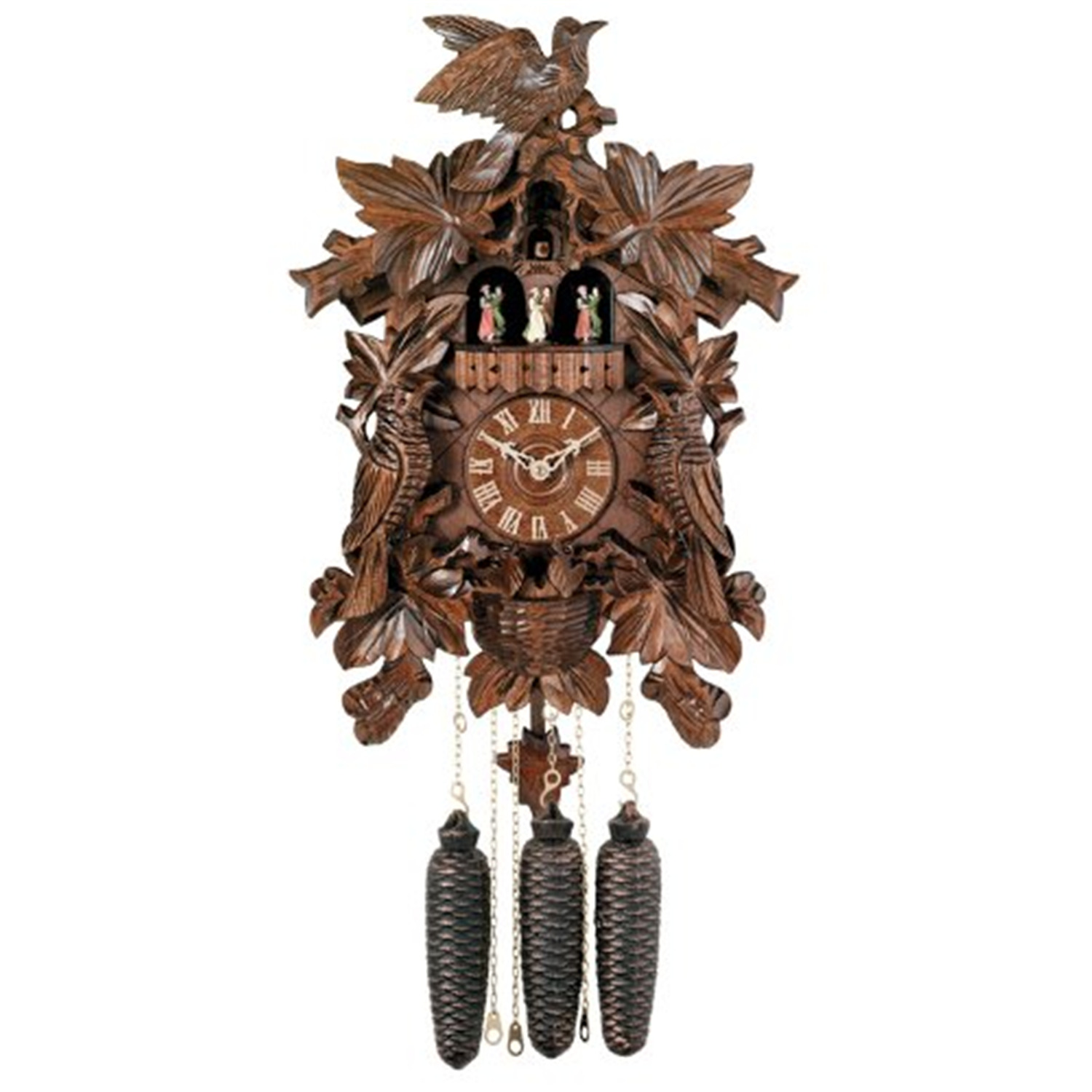 Eight Day Musical Cuckoo Clock with Handcarved Birds, Leaves, and Chicks in Nest