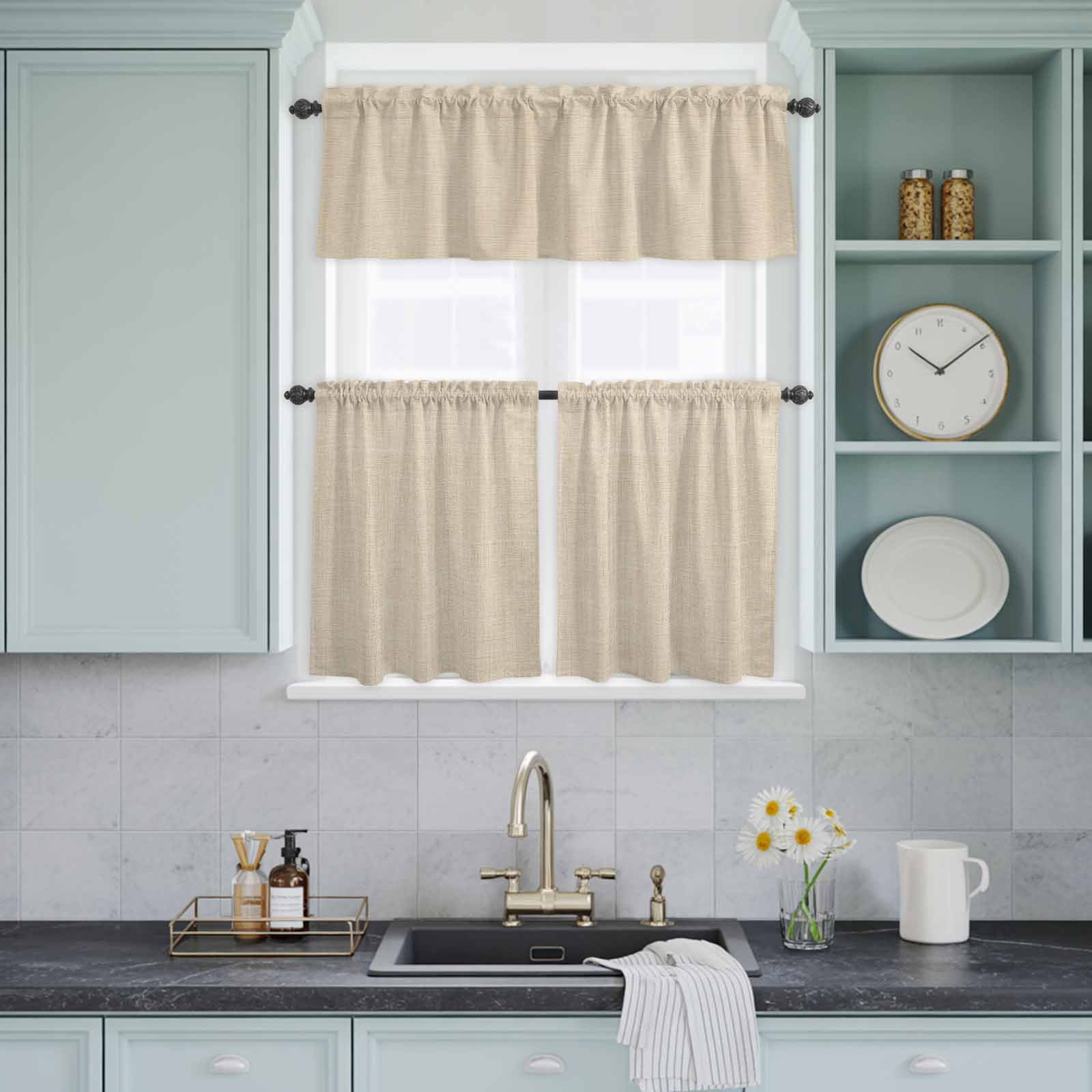 Kitchen Window Curtains Valance and Tier Set, Vintage Country Beige Linen Texture Rod Pocket Tier Curtains and Valance 3 Piece Set, Farm Burlap Window Treatment for Bedroom Living Room