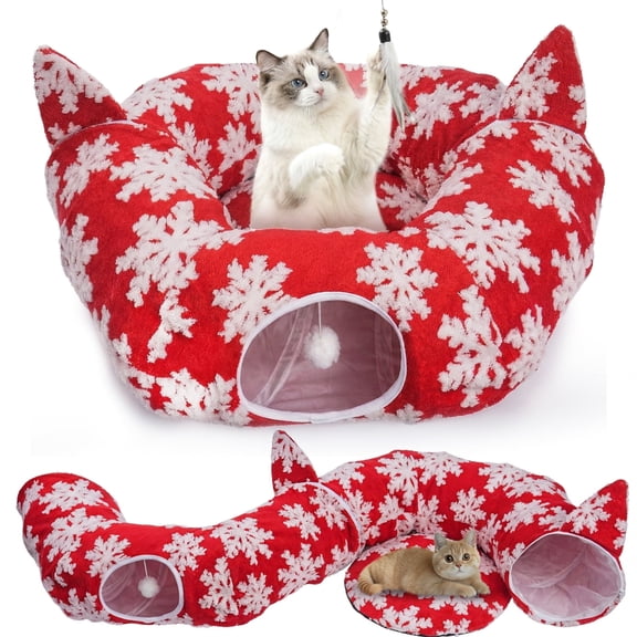 Hutact 3-in-1 Cat Tunnel with Cushion Cat Bed, 36in Cat Tunnel with Cushion Fleece Festive Red Snowflake – Detachable, Foldable, for 1-2 Cats Exercise Playing Sleeping, Red