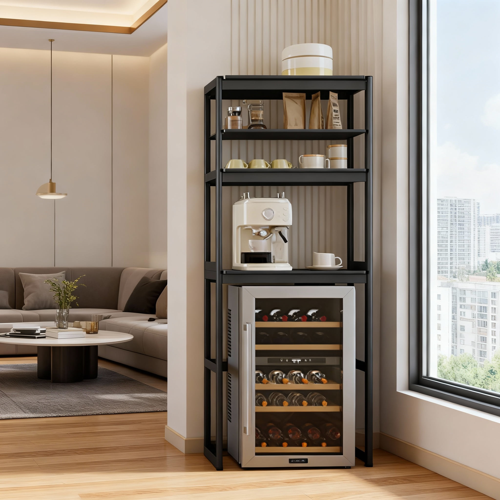 LEDREM 4-Tier Kitchen Bakers Rack with Power Outlet & Adjustable Shelf, Mini Fridge and Microwave Stand, 66.9 Inch Height, Ink Black