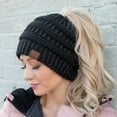 thumbnail image 2 of C.C Metallic Messy Bun Ponytail Beanie Cozy Warm Hat for Women, Metallic Black, 2 of 4
