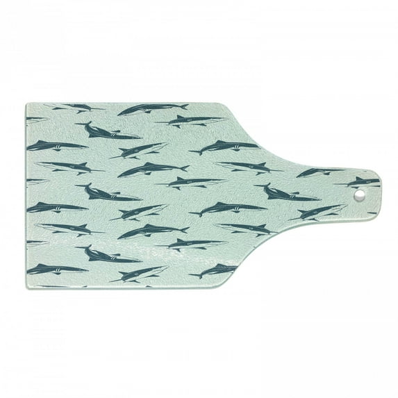 Sea Animals Cutting Board, Repeated Cartoon Sharks Swimming to Different Directions Pattern, Tempered Glass Cutting and Serving Board, Wine Bottle Shape, Slate Blue and Eggshell, by Ambesonne