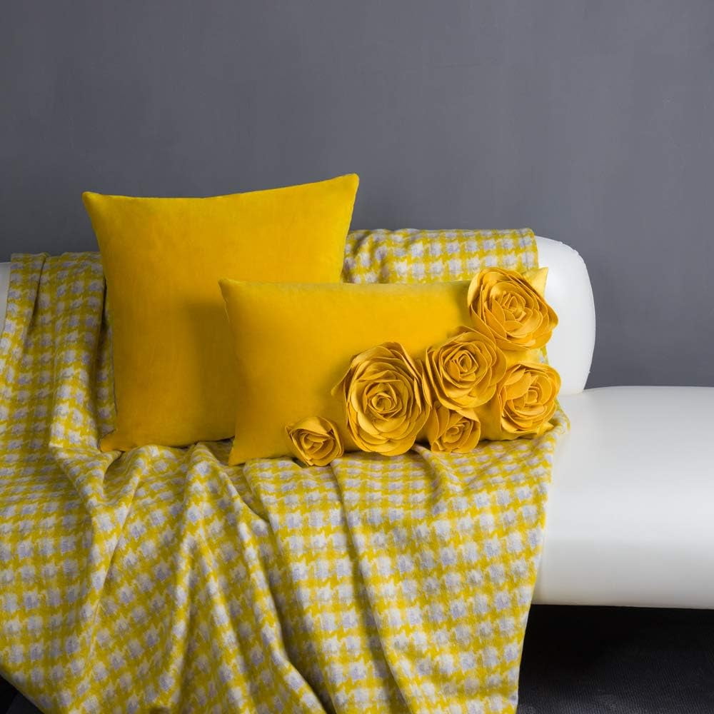 JWH  3D Yellow Rose Flower Throw Pillow Covers Soft Velvet Fabric Cushion Case for Sofa Bed Decor  12x20inch