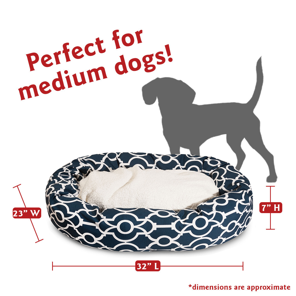 Majestic Pet Sherpa Athens Bagel Pet Bed for Dogs, Calming Dog Bed Washable, Medium, Navy Blue