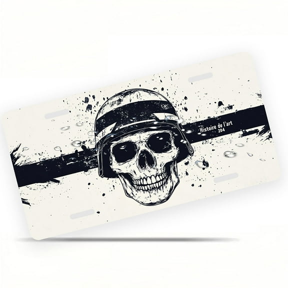 License Plate, Helmeted Skull Art Decorative Front,Personalized Stainless Steel License Plate Cover For Men Women,12.2" X 6.2"
