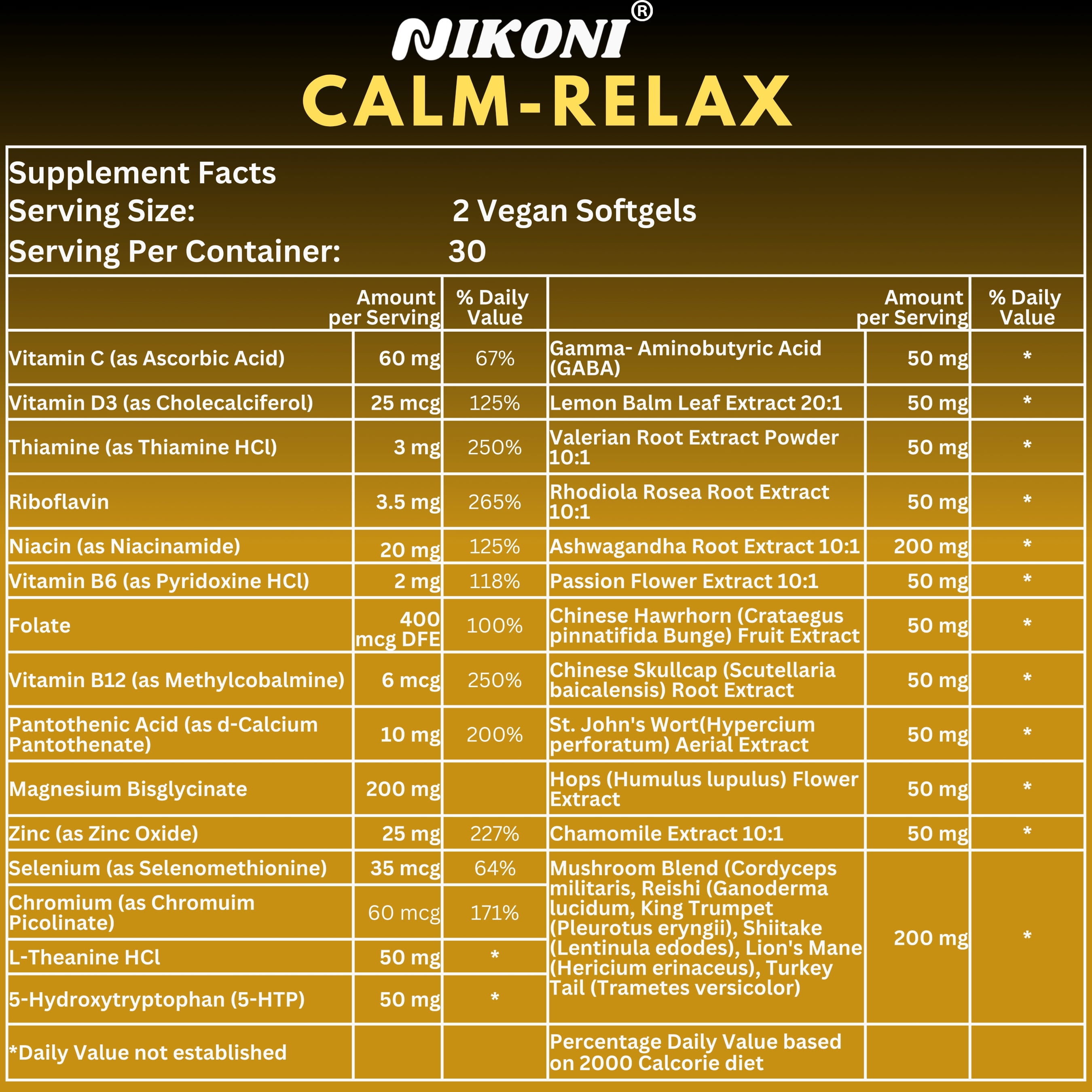 Nikoni Calm Relax Phospholipid Complex Enhanced Absorption Formula Stress Support 60 Vegan Softgels