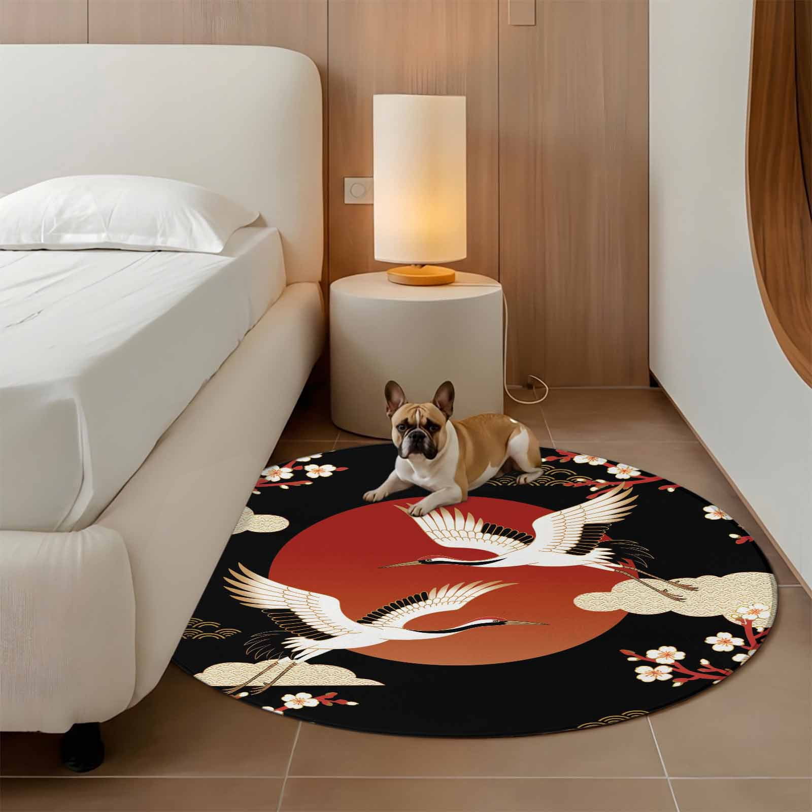 Japanese Style Round Area Rugs Collection 3.3', Modern Cranes Cherry Flower Wave Red Brown Non Slip Indoor Circular Throw Runner Rug Floor Mat Carpet for Living Room Dining Table Bedroom Nursery