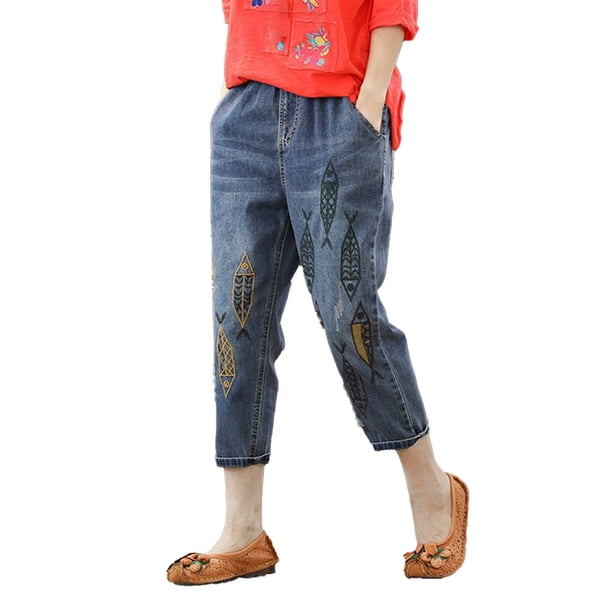 Gibobby Jeans mujer cintura alta Mujer Casual Cómodo Bordado Literario Elástico Cintura Alta Corte Pantalones Jeans(Amarillo,XL)