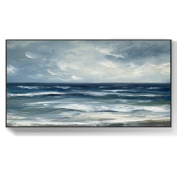 Extra Large Original Ocean Landscape Oil Painting on Canvas Wall Art Abstract Minimalist Blue Wall Art Modern Living Room Bearoom Wall Decor,Unstretched,Frameless,(41*61cm)16*32Inches