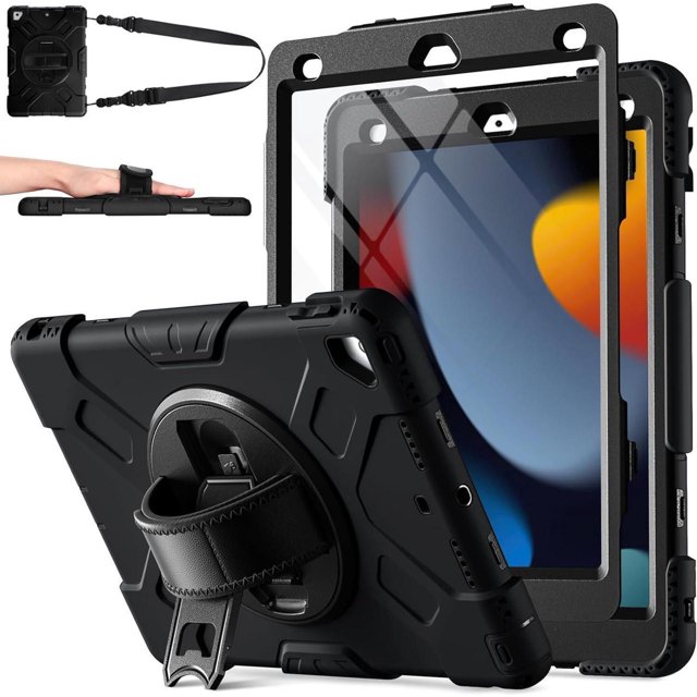 Case For iPad 9th 8th 7th Generation 10.2 inch with Screen Protector, Shockproof Cover for iPad 10.2 inch 2021 2020 2019 with Pencil Holder, 360° Rotating Hand Strap Kickstand Shoulder Strap