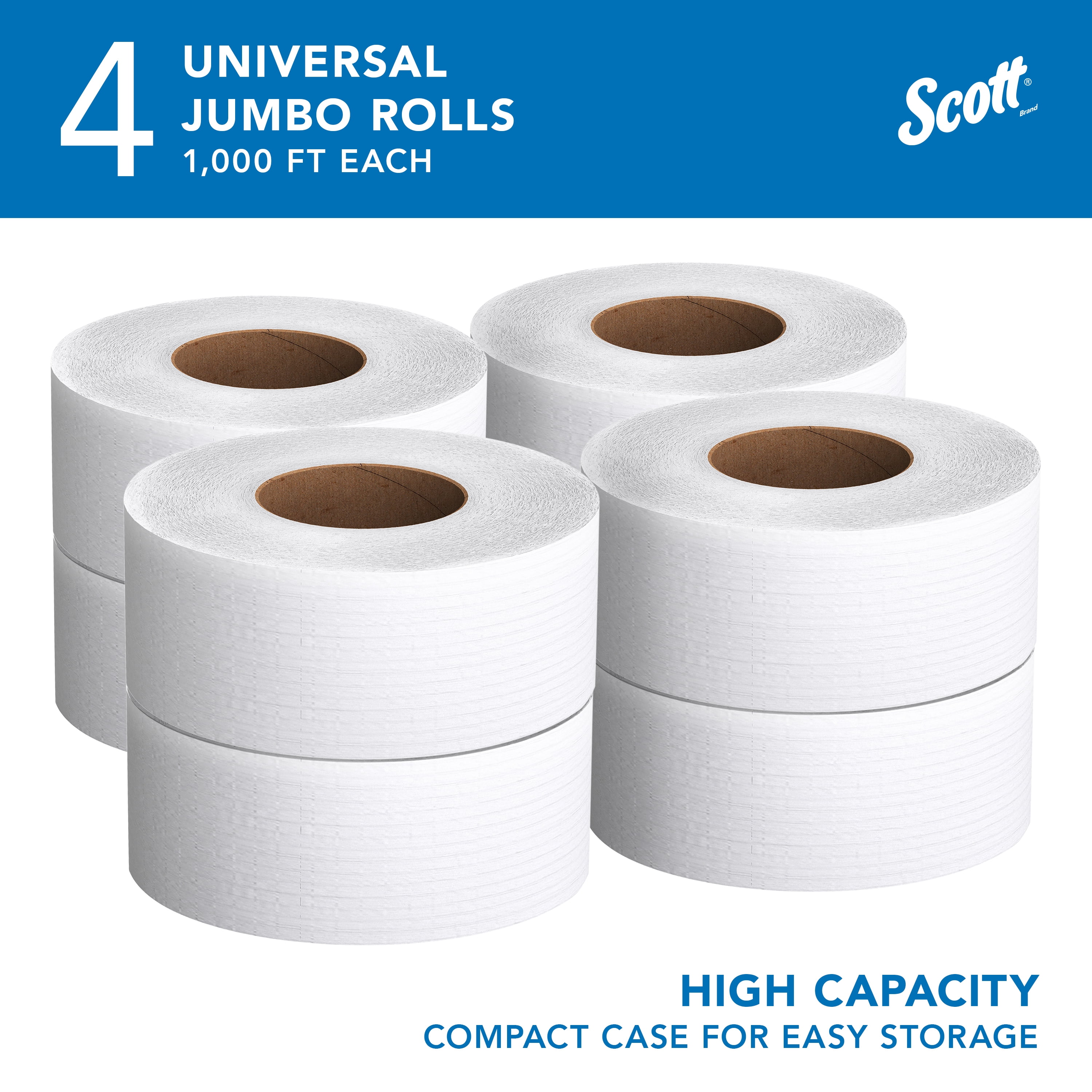 Scott Professional High-Capacity Jumbo Roll Toilet Paper, Bulk (03148), 2-Ply, Septic Safe, White, Non-Perforated, Compact for Easy Storage (4 Rolls at 1,000' Each, 4,000'/Case)