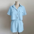 thumbnail image 7 of OGLCCG 2 Piece Summer Outfits for Women Cotton Linen Button Down Short Sleeve Shirt Top and Shorts Casual Travel Lounge Sets with Pockets,S,Light Blue, 7 of 7