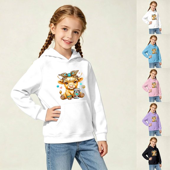 Shadoumai Cow Hoodie For Girls Printed Pattern Long Sleeve Hoodie Pullover Tops with Pocket Lightweight Pullover Hoodie Children Fall Winter Little Girls Clothes