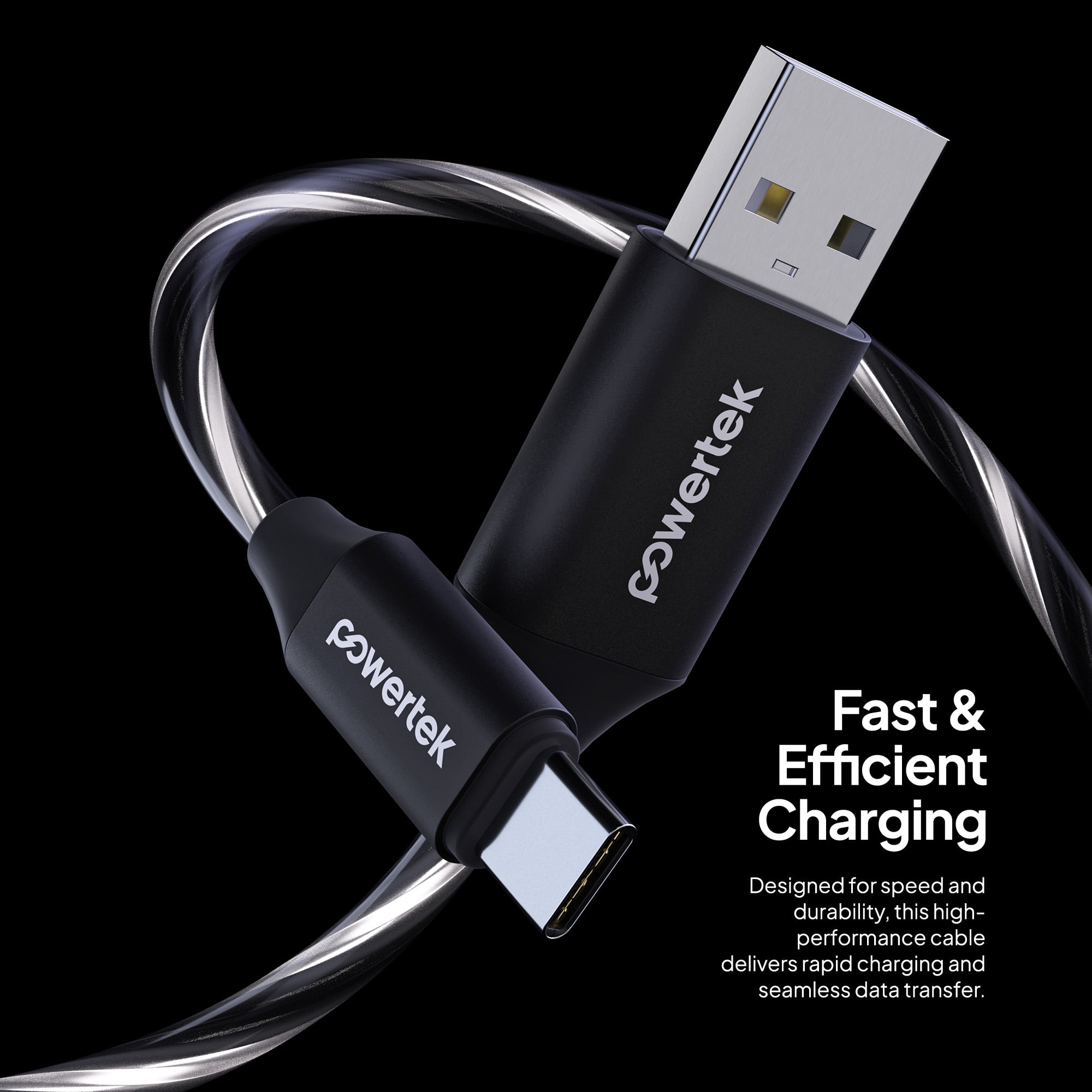 Powertek Light-Up USB-A to USB-C Charging Cable, 5 ft, Black