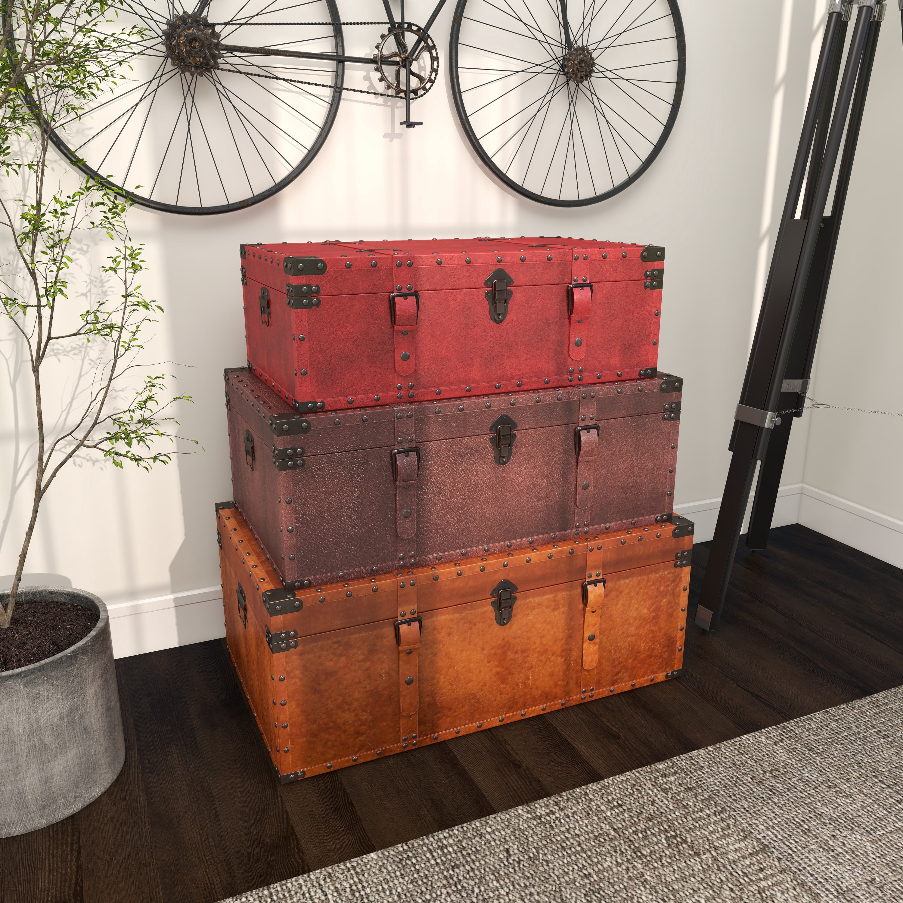 DecMode Rustic Wood Stacked Style Storage Trunk, Set of 3 32