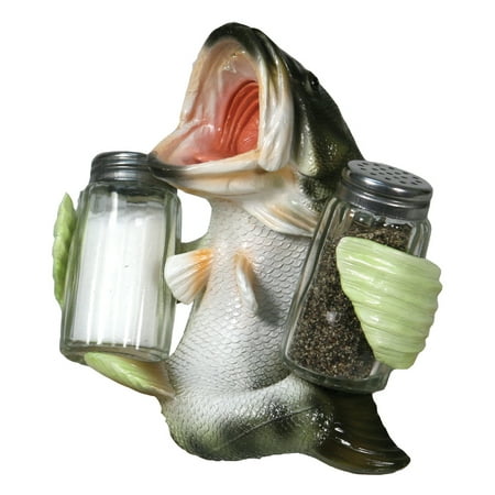 Rivers Edge Products Salt and Pepper Shakers Set, Unique Poly Resin and Glass Spice Dispenser, Novelty Kitchen Counter Decor, Bass Holding