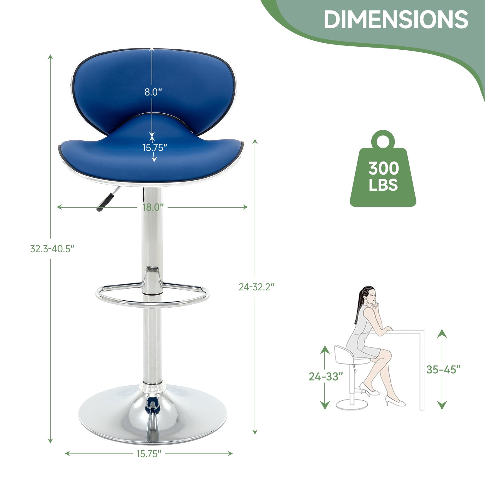 Adjustable Swivel Bar Stools Set of 2 , Modern PU Leather Upholstered Bar Chairs with Chrome Base for Kitchen Island, Dining Room, Pub, Counter (Blue)