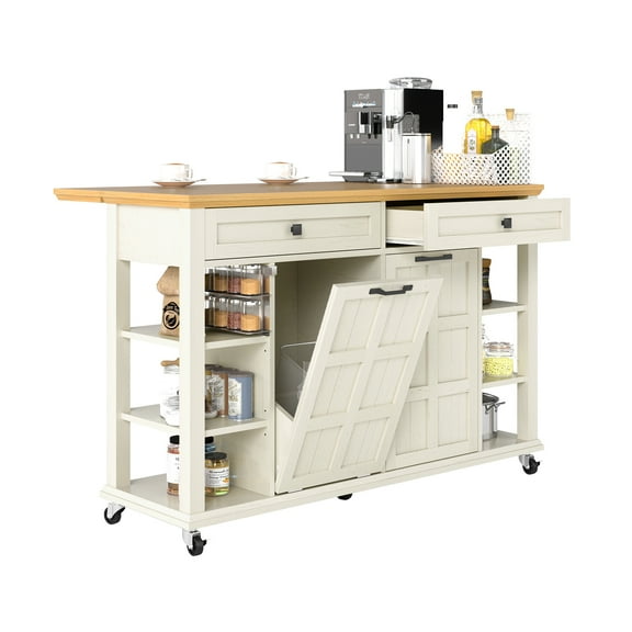 DEXTRUS Kitchen Island Table with Drop Leaf & Wheels, Kitchen Island Cart with Power Outlets, White