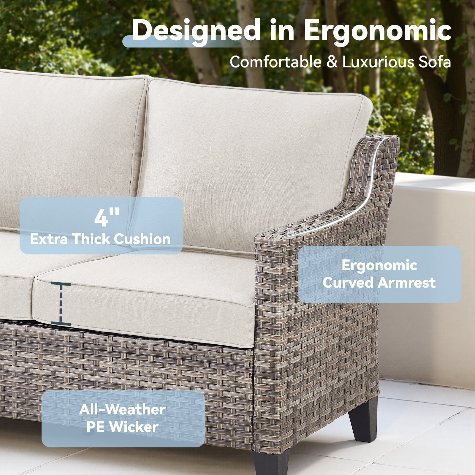 Hommoo 73.2" Outdoor Patio Sofa Couch, 3-Seat Gray Rattan Couch with Cushions Ideal for Balcony or Porch, Beige