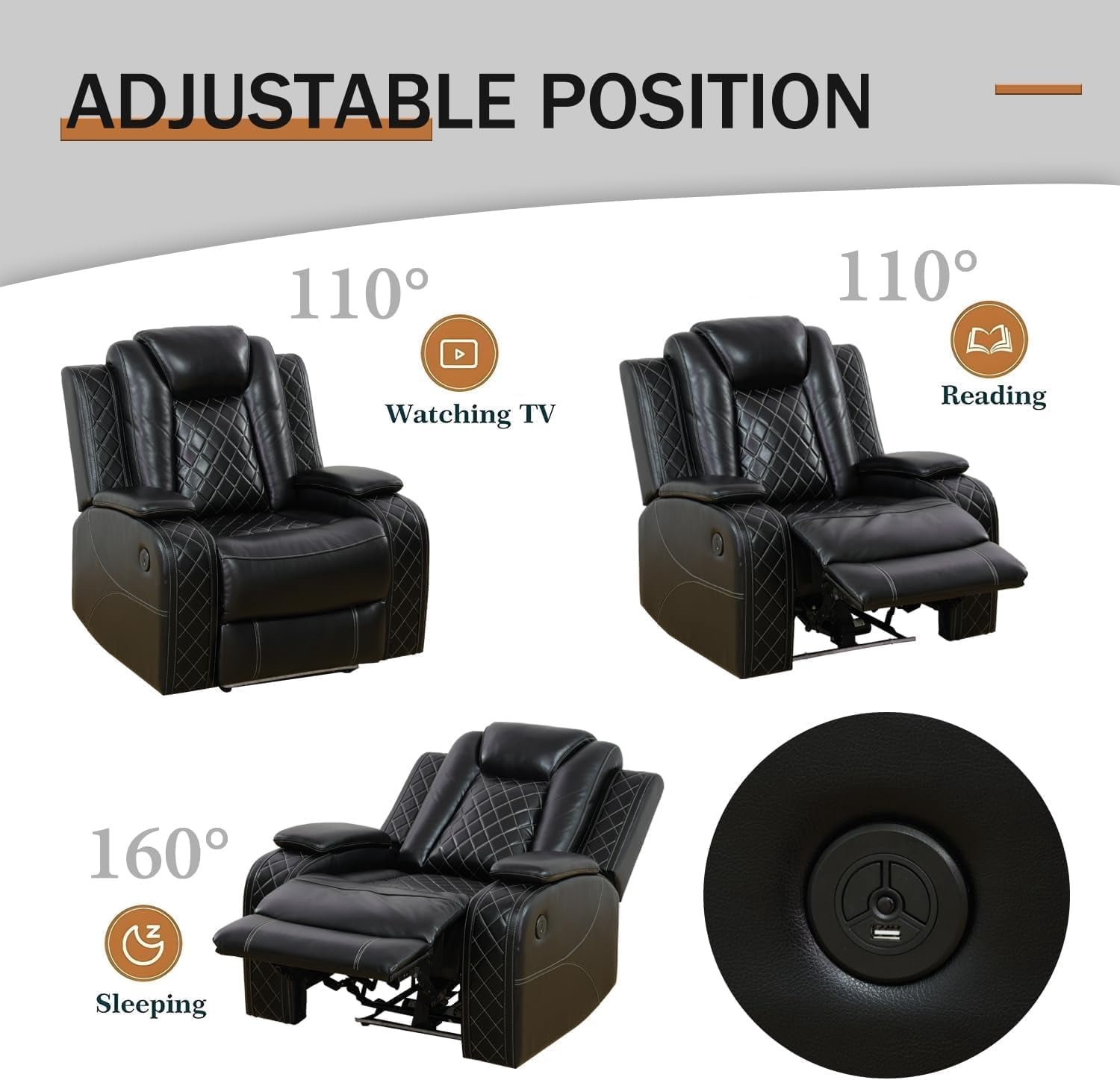 Power Reclining Leather Sofa Set, 3 Pieces Living Room Couch with LED, USB Ports, Cup Holders and Armrest Storage, Black