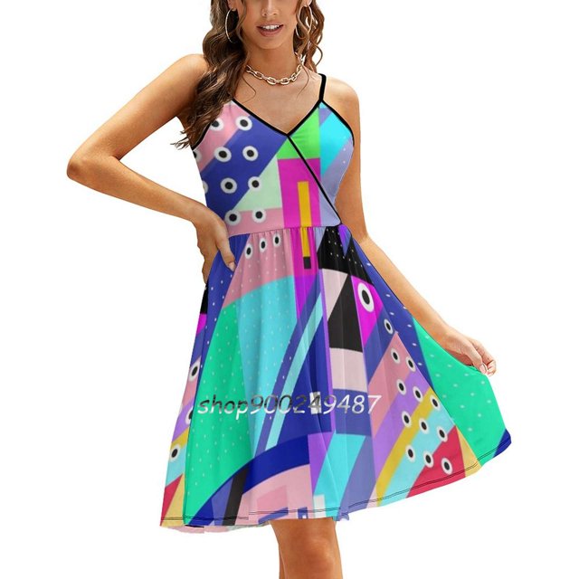 Geometric Colors Square Neck Dress Cute Loose Print Dresses Elegant Beach Party Dress Colors Geometric Diagonal Pattern Memphis