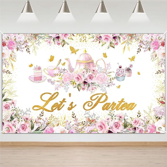 Tea Party Backdrop Floral Butterfly Glitter Let's Partea Banner Afternoon Tea Baby Shower Birthday Party Decorations 70.8 x 43.3 Inch (Pink)