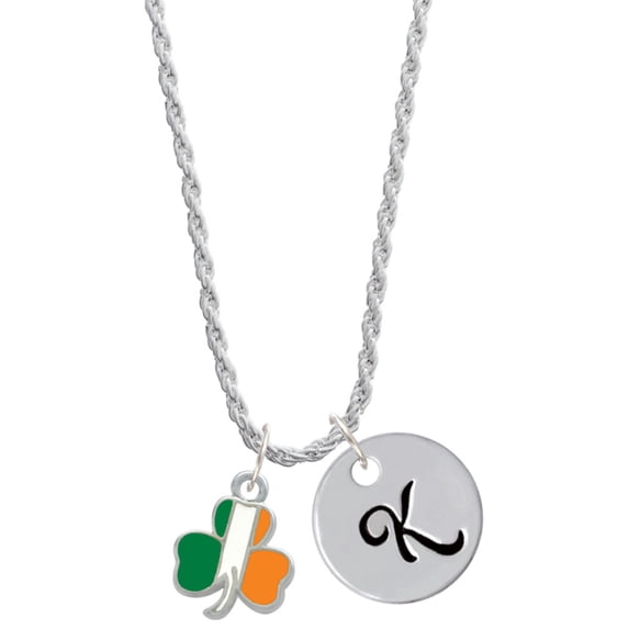 Delight Jewelry Silvertone Irish Flag Shamrock Silvertone Script Initial Disc - K - Charm Necklace, 20"+3"
