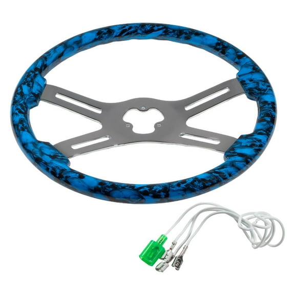 18" Wood Truck Steering Wheel with 4 Chrome Spokes – Blue Hydro-Printed Finish, Universal Fit for Kenworth, Peterbilt & Freightliner Semi-Trucks