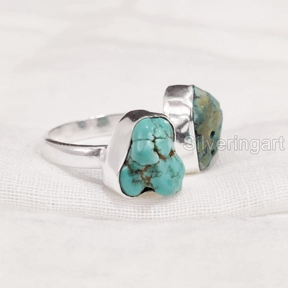 Natural Turquoise Ring, Rough Two Turquoise Ring, December Birthstone, Adjustable Ring, 925 Sterling Silver, Womens Ring, Christmas, Thanksgiving, Handmade, Statement Jewelry, Rough Gemstone Jewelry