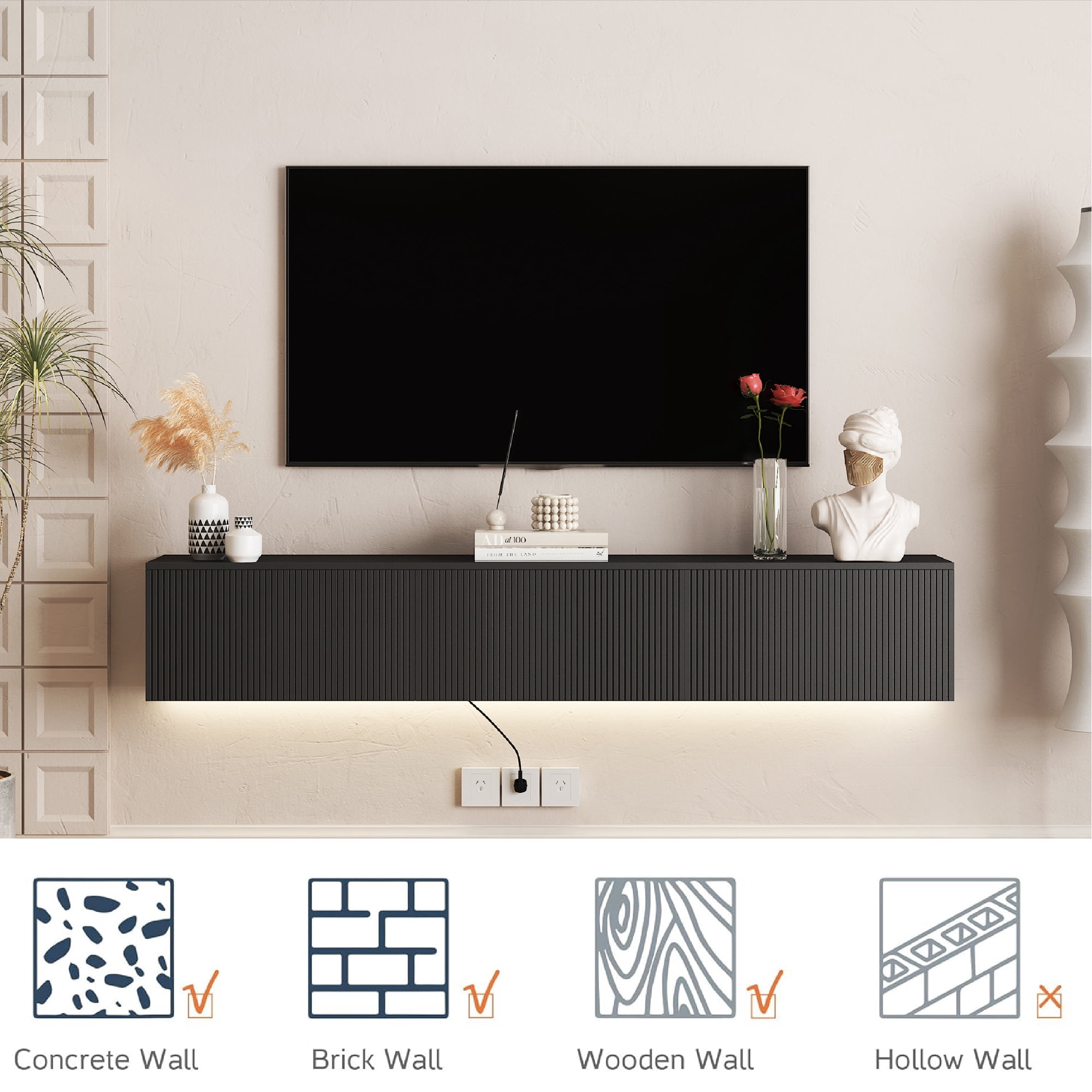 69" Black Floating Wall Mounted TV Stand with 16-Color LED Lights, Modern Entertainment Center for 55/60/65 Inch TVs