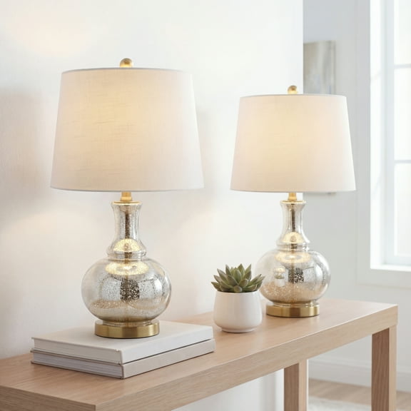 JONATHAN Y Lavelle 25" Glass LED Table Lamp, Mercury Silver/Brass Gold (Set of 2), JYL1068A-SET2