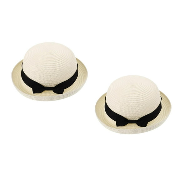 Raindrops 2pcs Fashion Women's Girls Bowknot Roll-up Wide Brim Dome Straw Summer Sun Hat Bowler Beach (Creamy White)