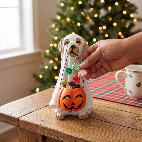 Cadancy Halloween Decor Ghost Dog Statue Holding Pumpkin Basket Figurine for Tabletop Mantle Shelf Home Living Room Bedroom Fall Holiday Gift Party Decor