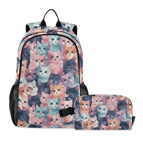 ALAZA Pastle Cute Cat School Backpack Lunch Box Set Student Bookbag