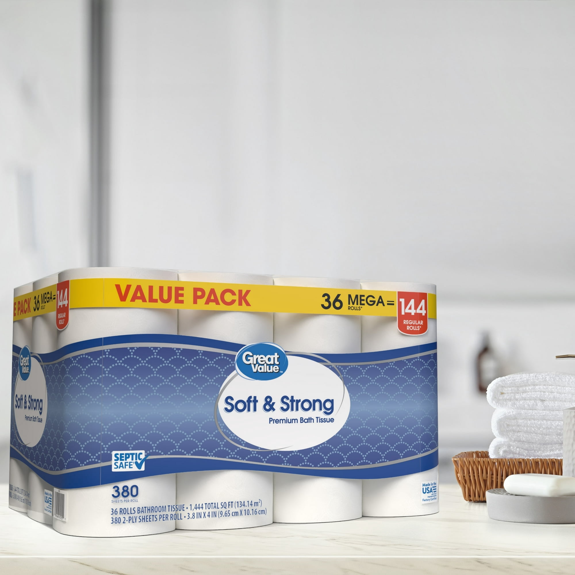 Soft & Strong Premium Toilet Paper, 36 Mega Rolls, 380 Sheets per Roll