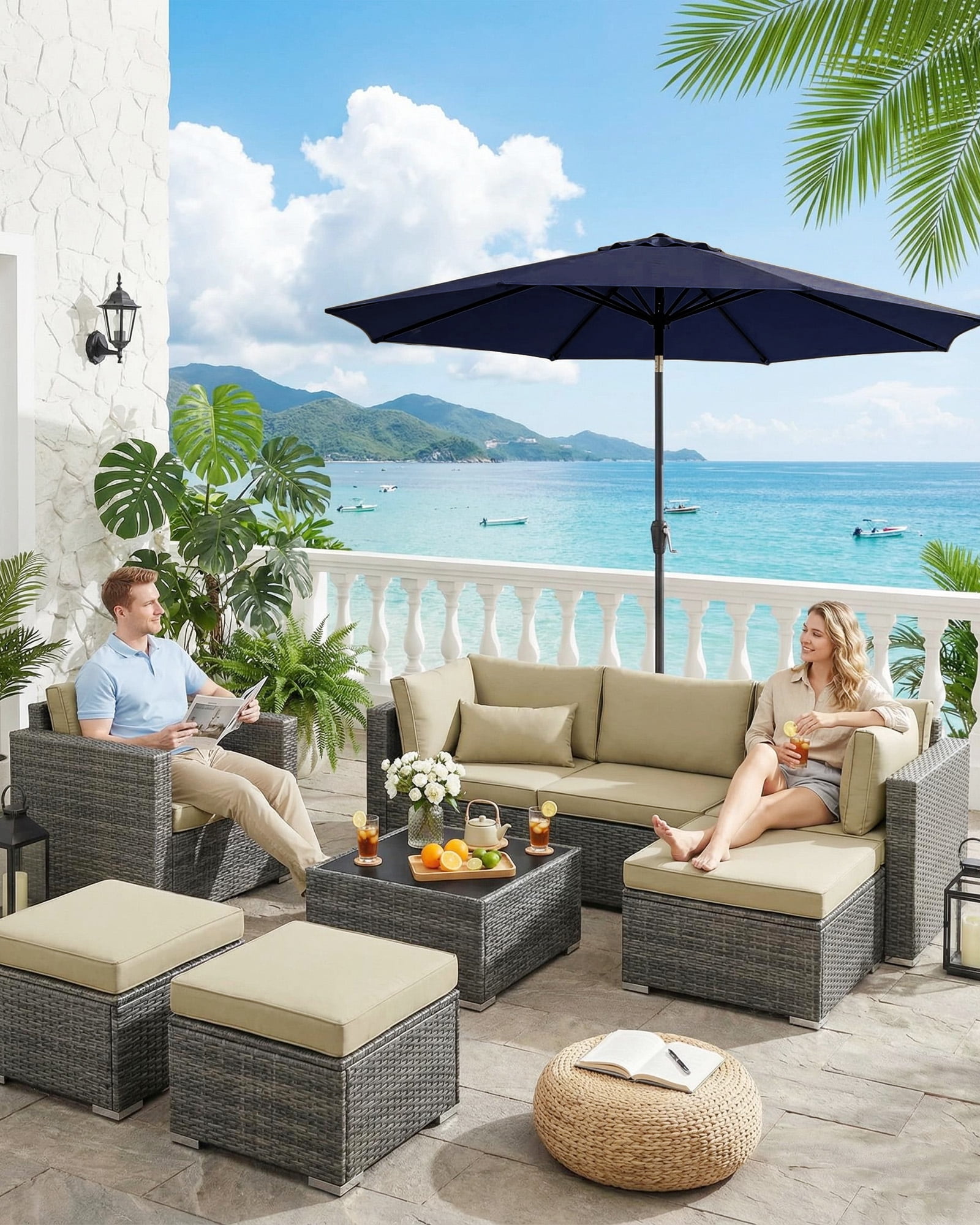 SOLLED 10FT Patio Umbrella with Push Button Tilt & Crank, Outdoor Market Table Umbrella with 8 Ribs for Garden Backyard Deck Pool,Navy Blue