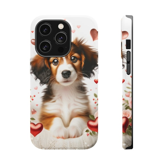 DistinctInk Tough Case for Apple iPhone 15 PRO (6.1" Screen), Compatible with MagSafe Charging - Valentine's Day Nederlandse Kooikerhondje Puppy