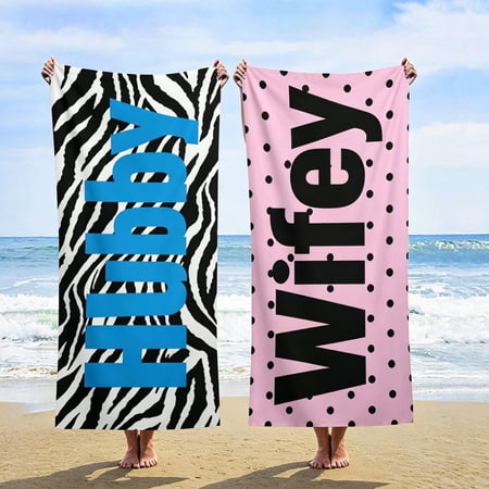 Couple Wifey Hubby Beach Towel Set of 2 Honeymoon Wedding Beach Towels Gifts for Bride Groom Valentines Him He Oversized Decor for Bathroom 30x60in
