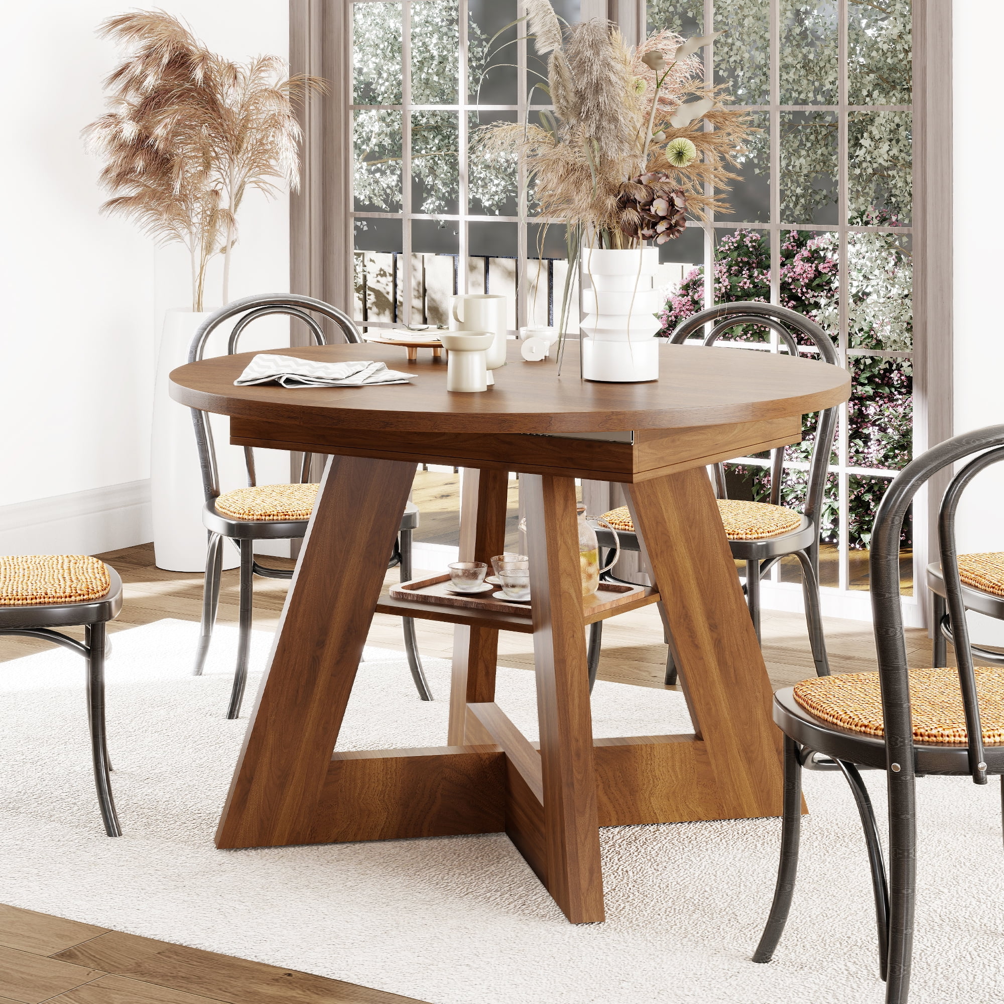 Extendable Dining Table for 4-6, Round Kitchen Table with Removable Leaves, Space Saving, Oval Dining Room Table with Storage Shelf for Kitchen Living Room (Walnut)