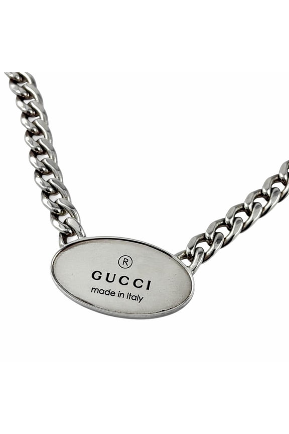 Pre-Owned GUCCI 797142 Trademark Oval Plate Chain AG925 Necklace, Silver, Made in Italy, Weight...