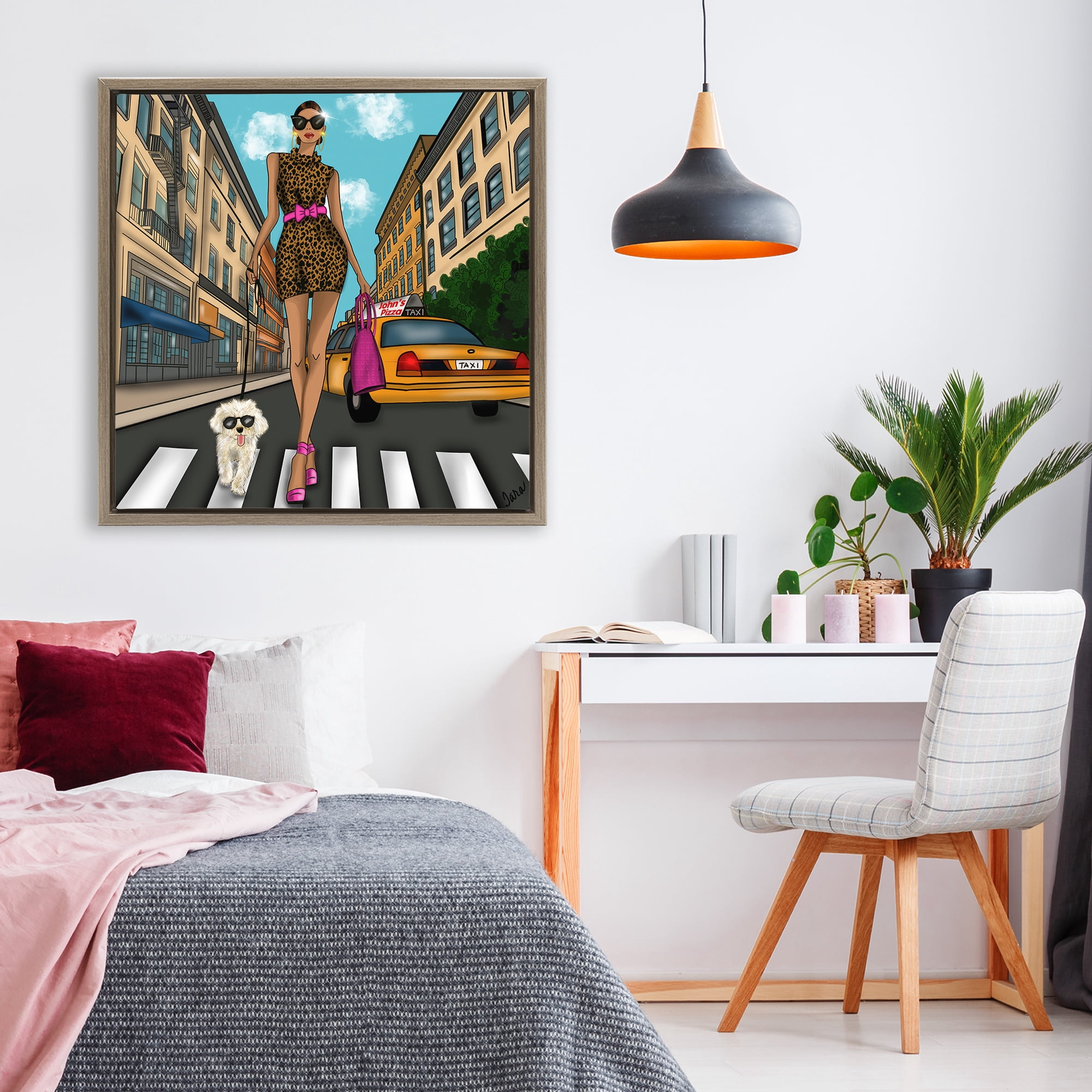 Stupell Industries Fashion Girl in Big City Brown Framed Floater Canvas Wall Art, design by Tara Boone