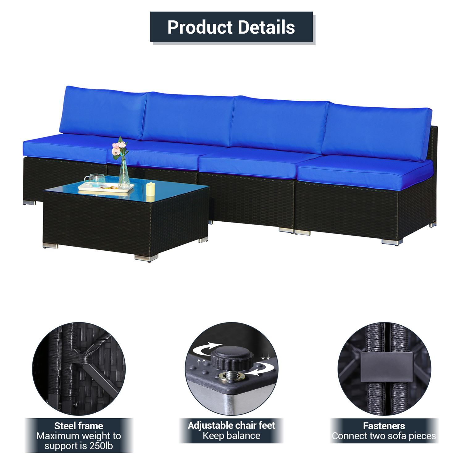 Cozyhom 5 Piece Patio Furniture Sets, All-Weather PE Wicker Rattan Outdoor Sectional Sofa with Coffee Table & Washable Couch Cushions, Royal Blue - image 2 of 5