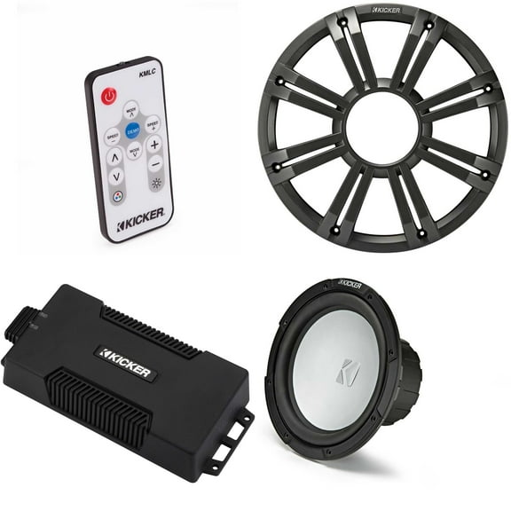 Kicker 48PXA6001 Weatherproof Powersport Mono Amp & 10" 4 Ohm Free-Air Marine Subwoofer ( Charcoal Grill ) Includes LED Remote