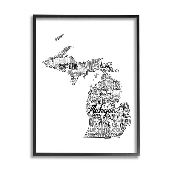 Stupell Industries Michigan State Typography Cities Map Graphic Art Black Framed Art Print Wall Art, Design by The Saturday Evening Post