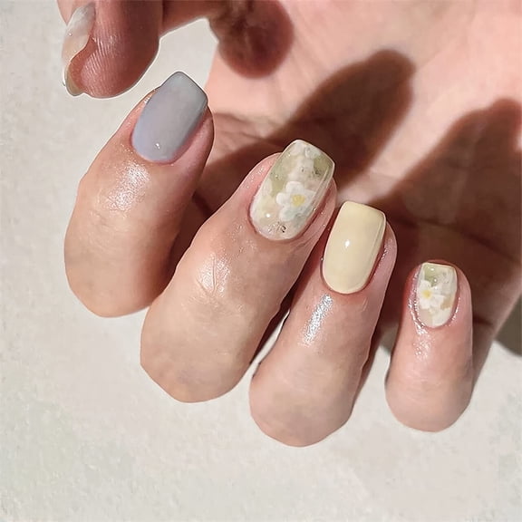 24 Pcs Press on Nails Short Square Fake Nails Spring and Summer Flower Designs False Nails Glossy Acrylic Full Cover Artificial Nails Stick on Nails for Women and Girls me-3 0.04 Fl Oz (Pack of 24)